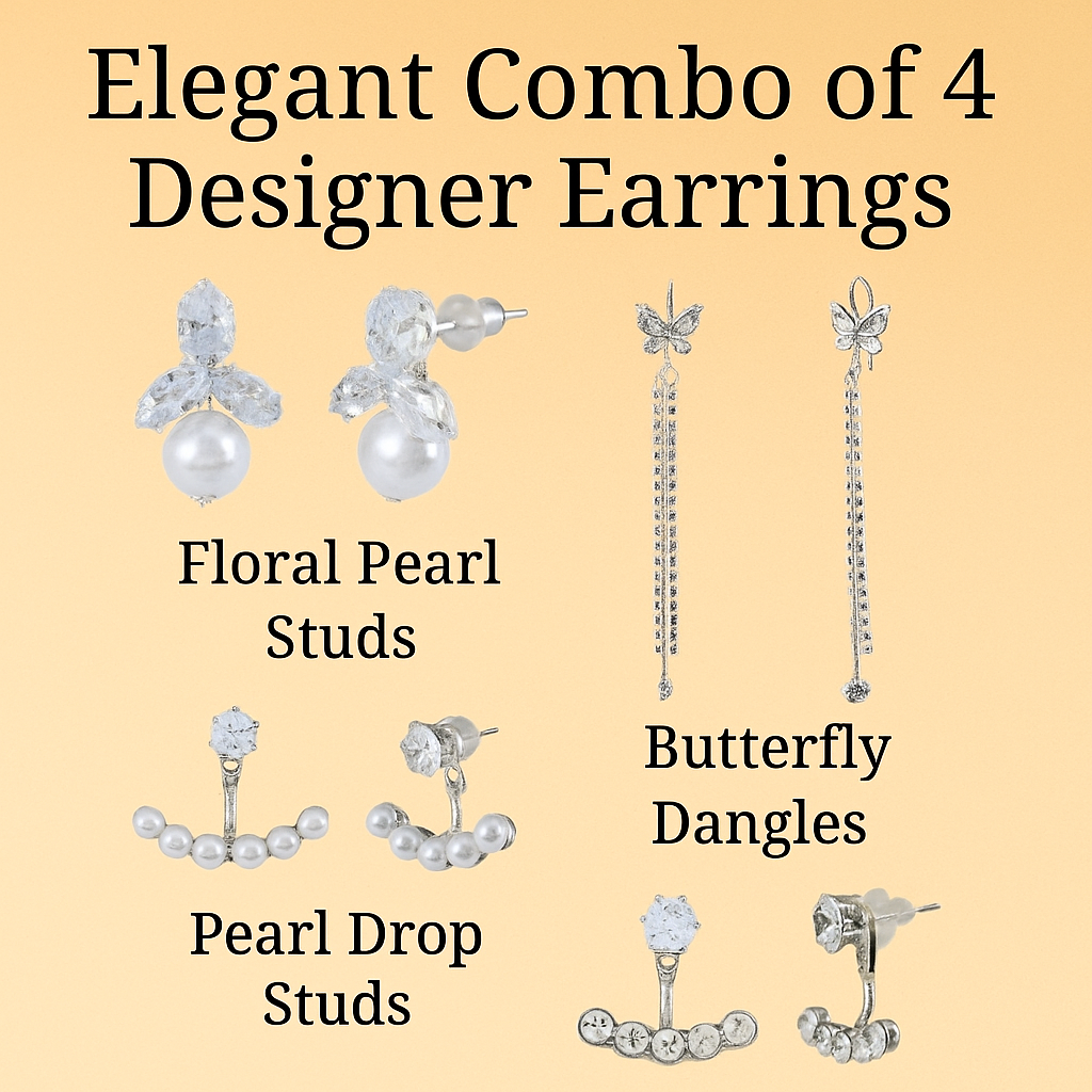 4-in-1 Pearl & Crystal Earring Combo Set for Women – elegant crystal earring design for parties and daily wear