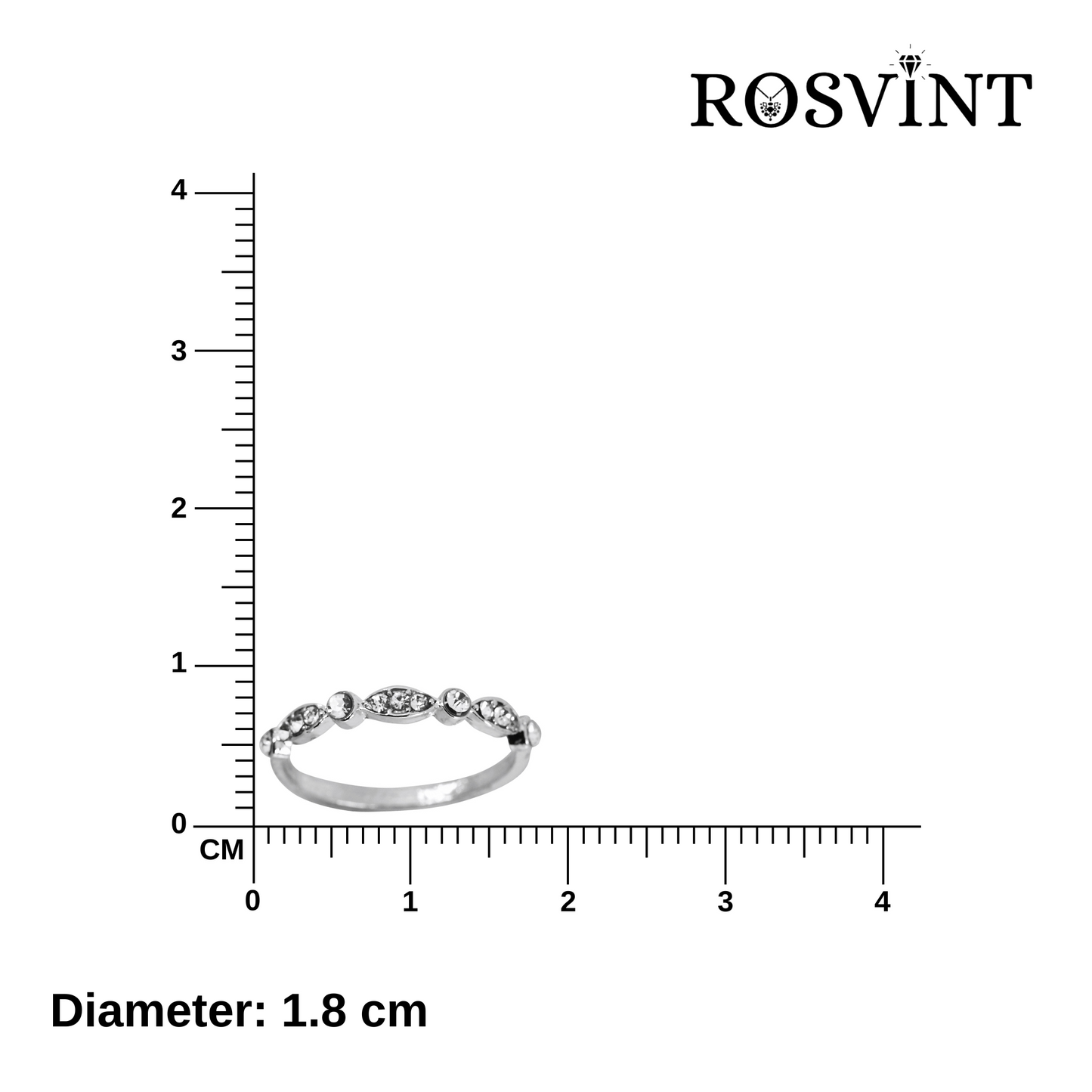 Silver ring with measurement scale and 'ROSVINT' branding