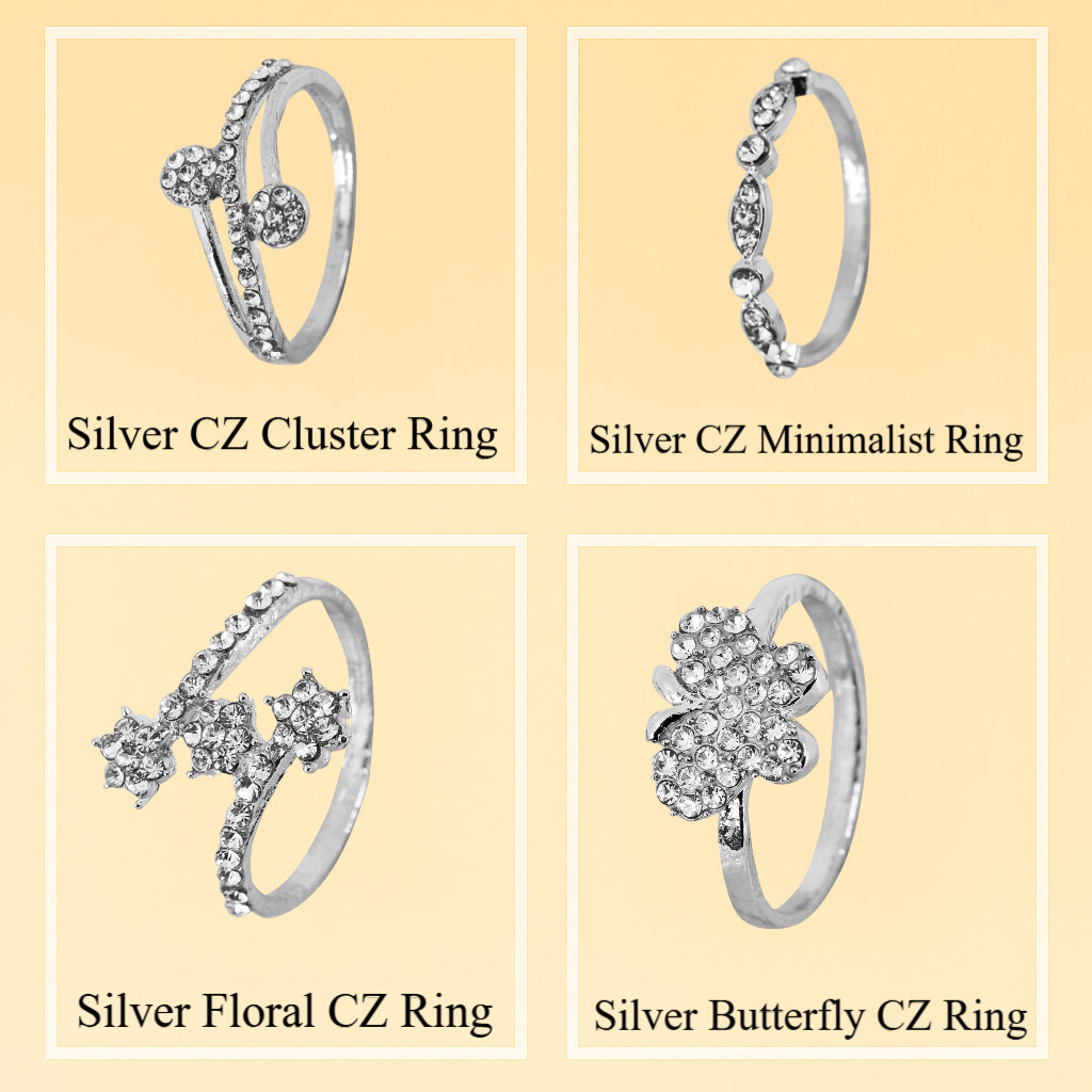 4-Piece Silver CZ Ring For Women Combo Set with silver plated rings for a premium look