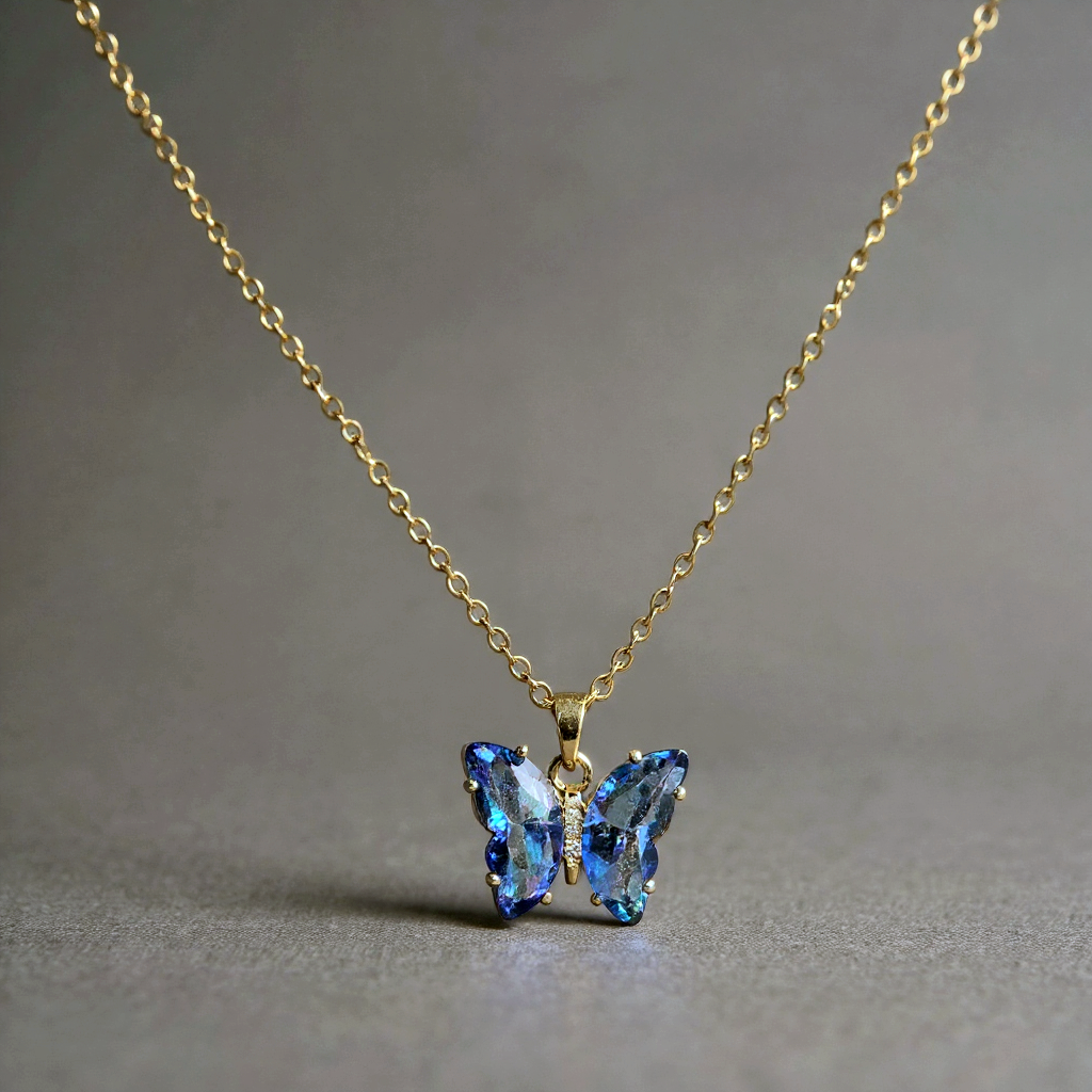 Blue Crystal Gold Butterfly Necklace For Women