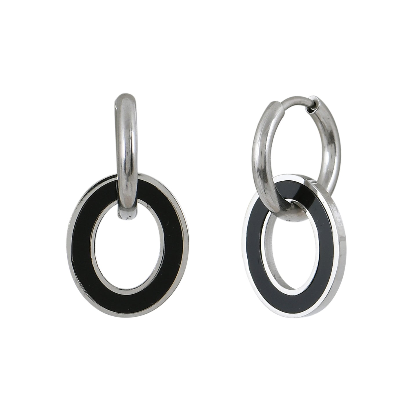 Silver Black Enamel Hoops