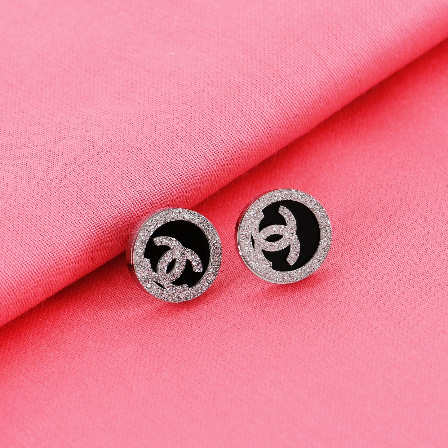 Silver Glitter Logo Studs