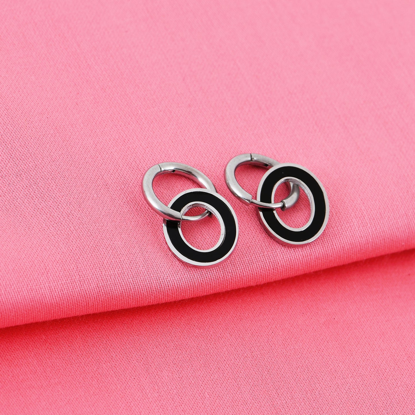 Silver Black Enamel Hoops