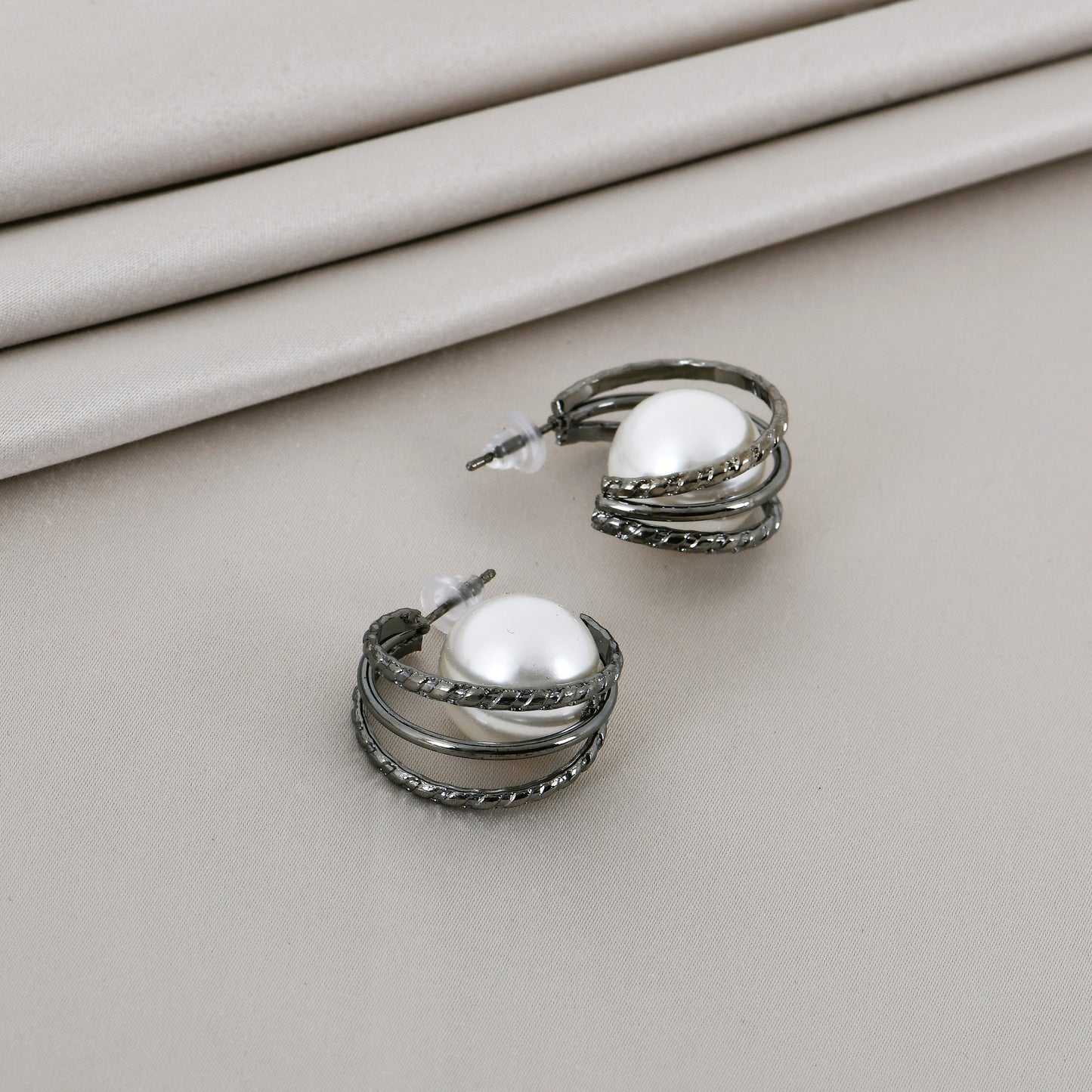 Gunmetal Pearl Hoop Earrings