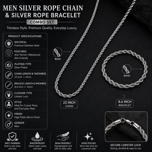 Men Rope Silver Bracelet and Chain Combo