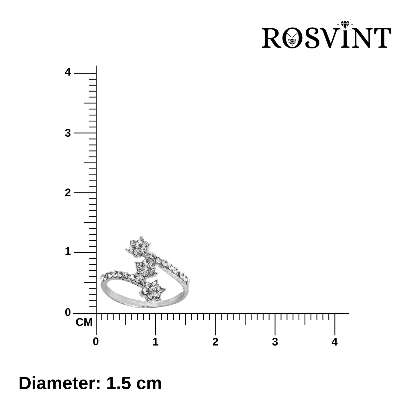 Silver ring with floral design on a white background with a ruler for scale, featuring the brand 'ROSVINT'.