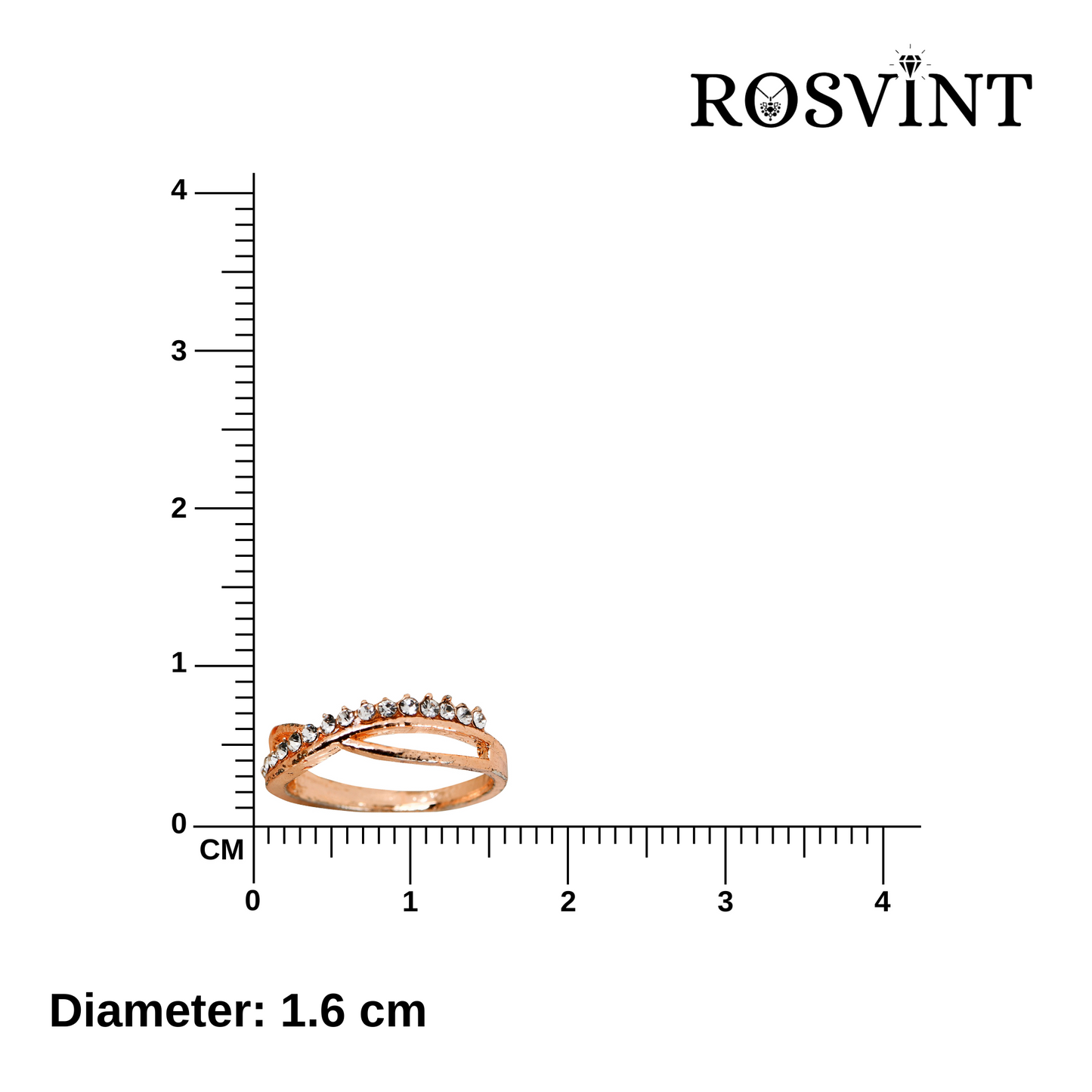 Rose gold ring with embedded stones on a white background with a ruler for size reference, featuring the brand 'ROSVINT'.