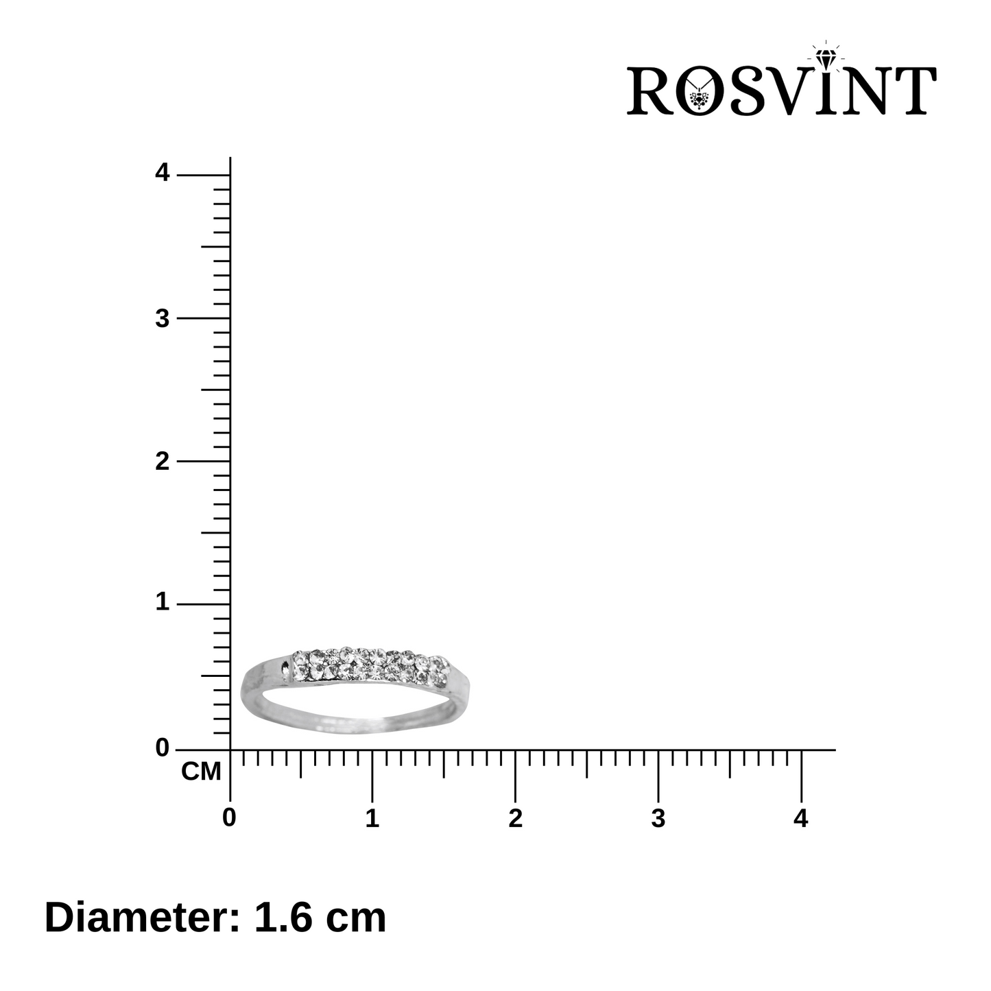 Silver ring with diamond accents on a white background with a ruler for size reference, featuring the brand 'ROSVINT'.