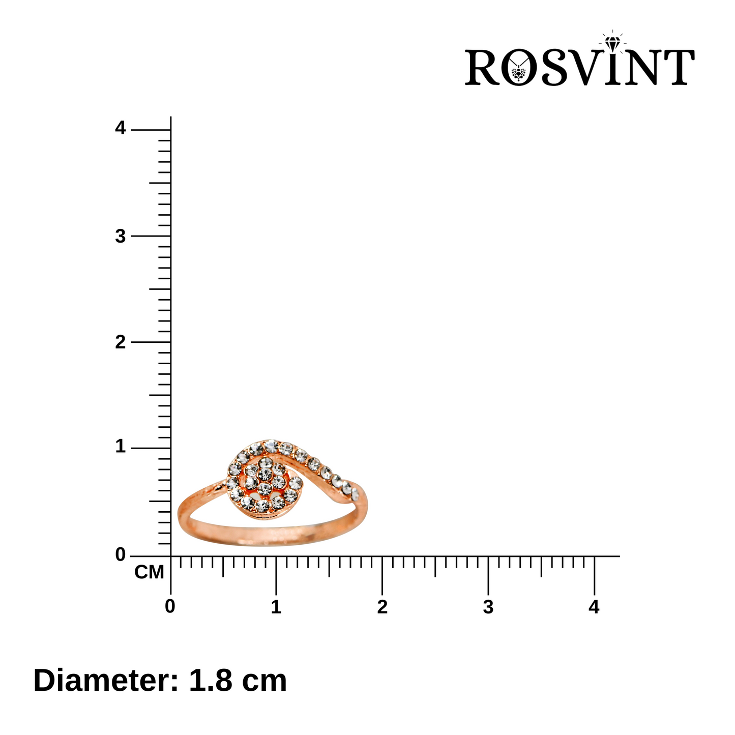 Rose gold ring with diamonds next to a ruler showing its diameter on a white background, branded with 'ROSVINT'.