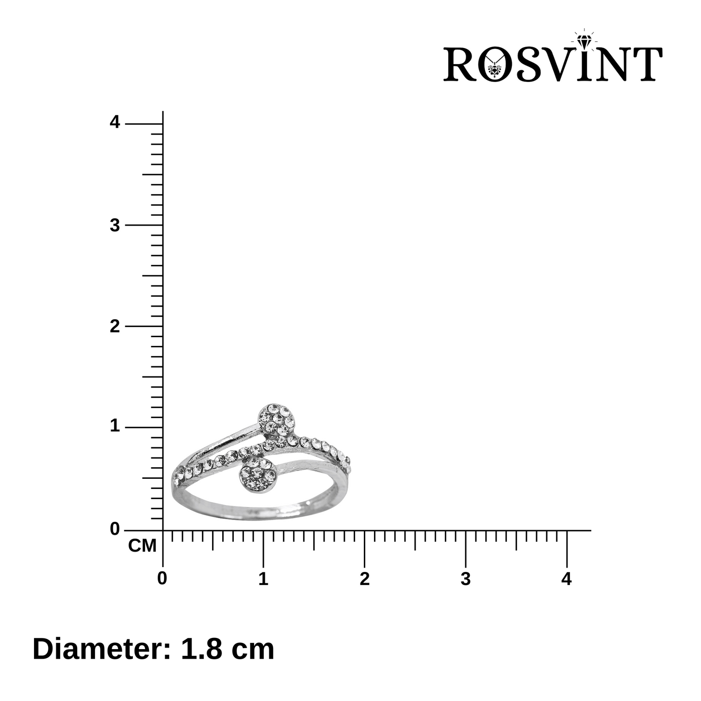 Silver ring with diamonds next to a ruler showing its diameter, branded as ROSVINT.