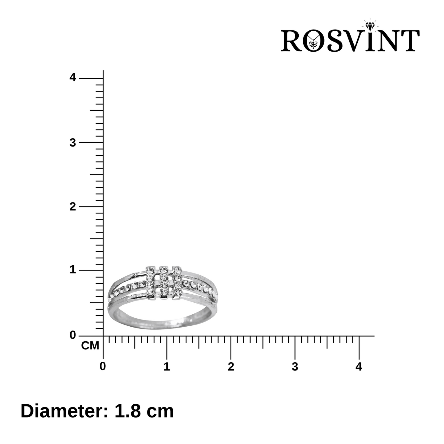 Silver ring with diamonds next to a ruler showing its diameter, branded as ROSVINT.