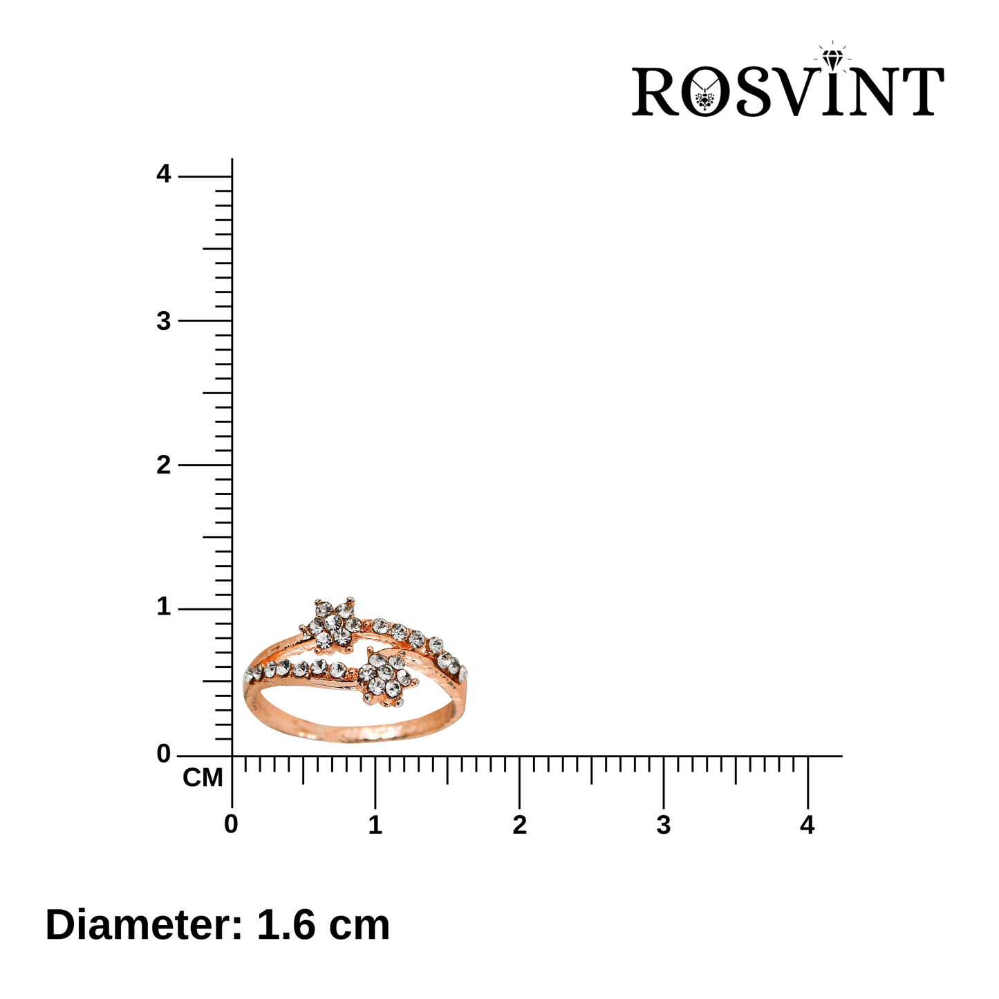 Ring with star design and rose gold finish on a white background with measurement scale and 'ROSVINT' branding.