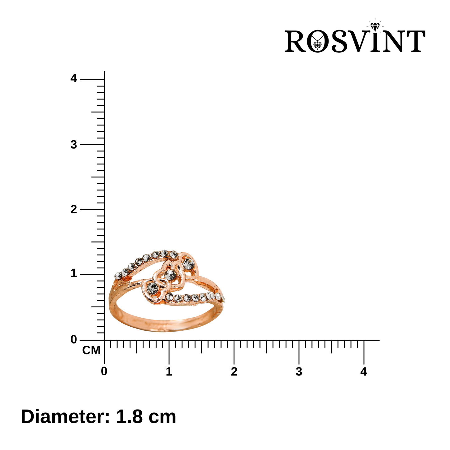 Rose gold ring with diamonds on a white background, shown with a ruler for size reference.
