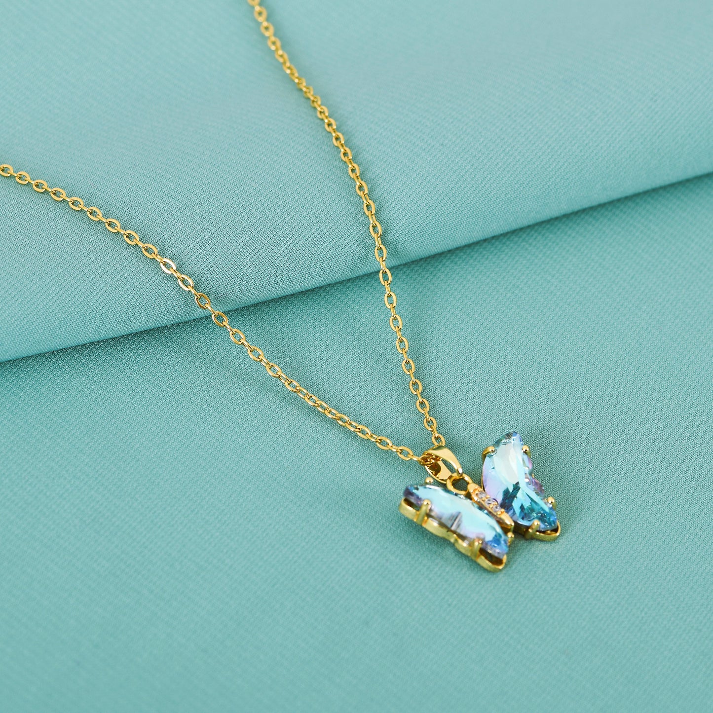 Gold Aqua Crystal Butterfly Pendant Necklace – elegant butterfly pendant necklace for casual and festive wear
