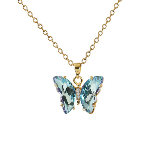 Gold Aqua Crystal Butterfly Pendant Necklace – stylish crystal butterfly necklace with shimmering aqua stone detail