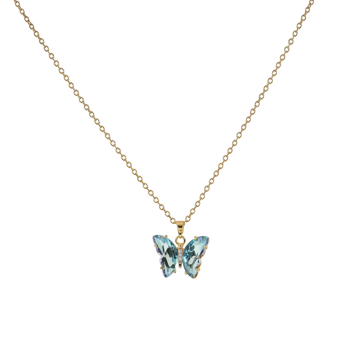 Gold Aqua Crystal Butterfly Pendant Necklace – trending gold necklace for women to shop online