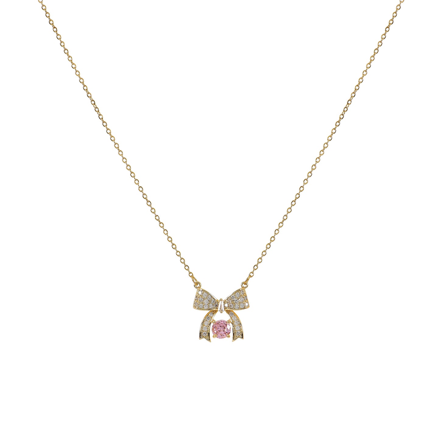 Gold Pink CZ Bow Necklace for Women – one of the best necklace styles for women, elegant and versatile for all occasions
