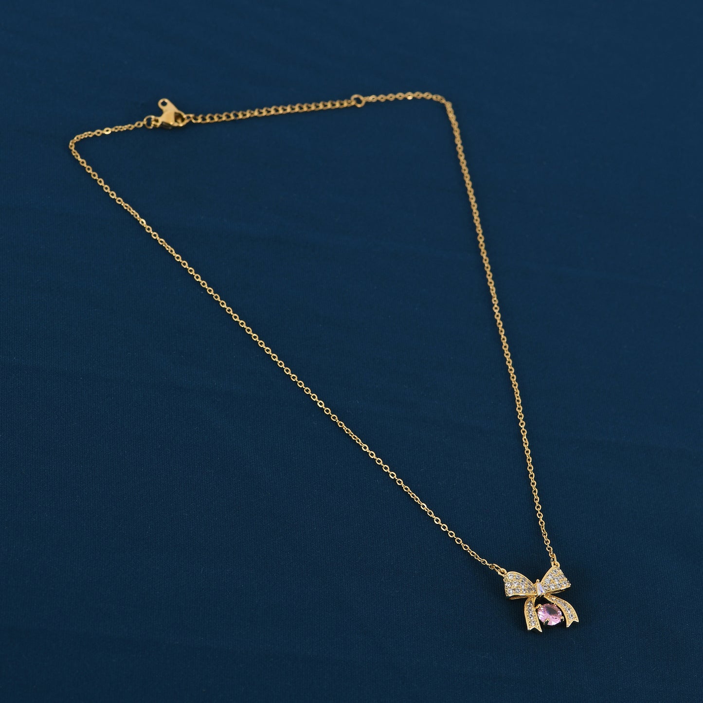 Gold Pink CZ Bow Necklace for Women – beautiful gold plated necklace with price value and anti-tarnish shine
