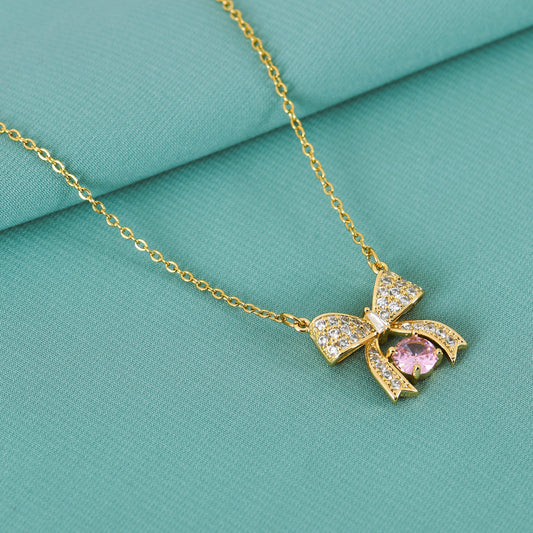 Gold Pink CZ Bow Necklace for Women – a trendy pick among western necklaces for women, designed for chic, modern looks