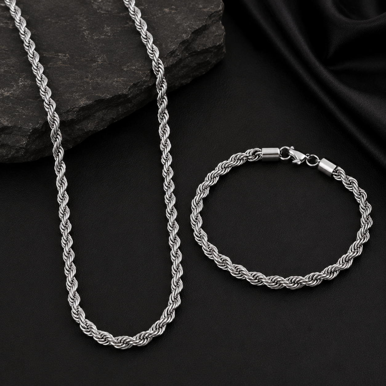 Men Rope Silver Bracelet and Chain Combo