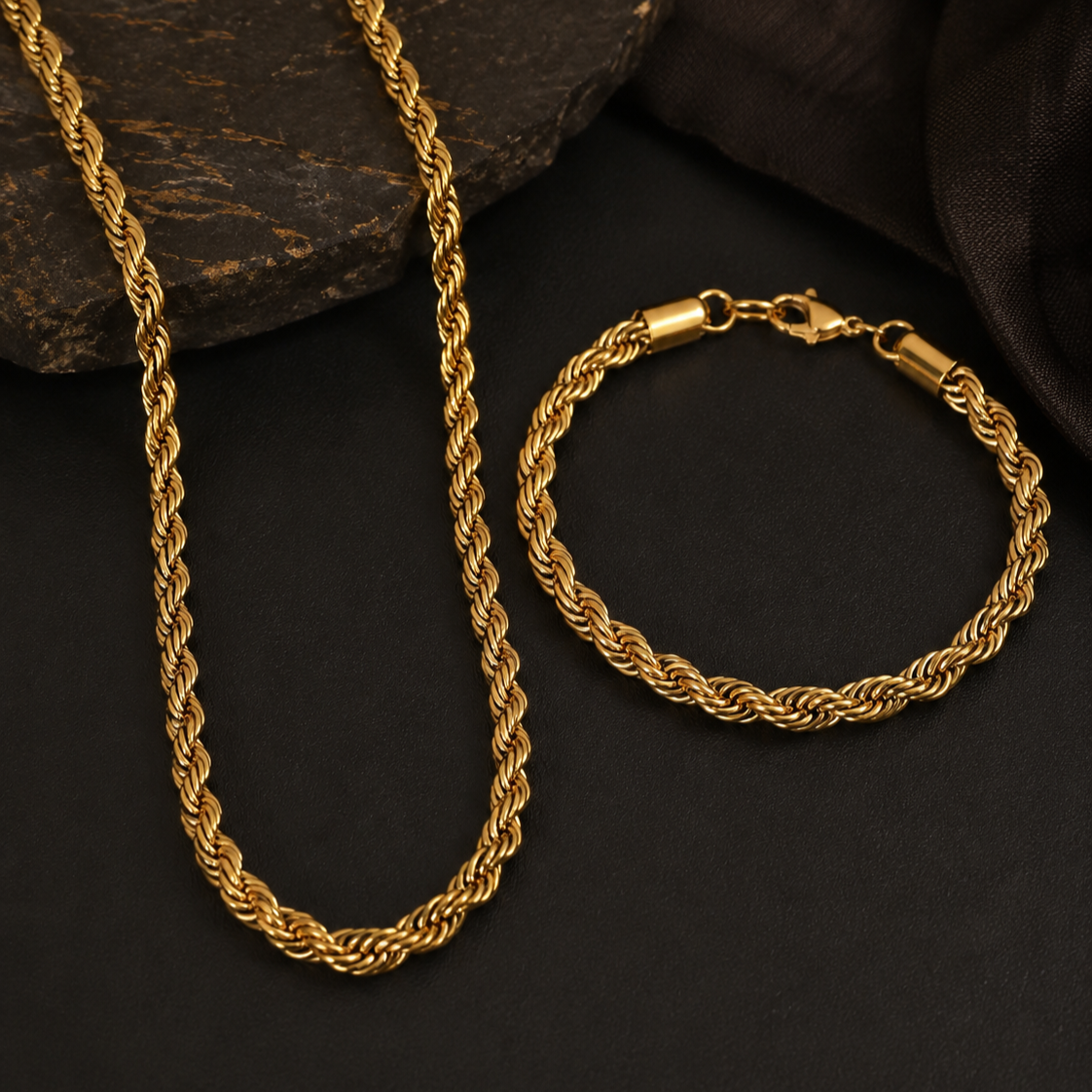 Men Rope Gold Bracelet and Chain Combo