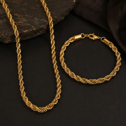 Men Rope Gold Bracelet and Chain Combo