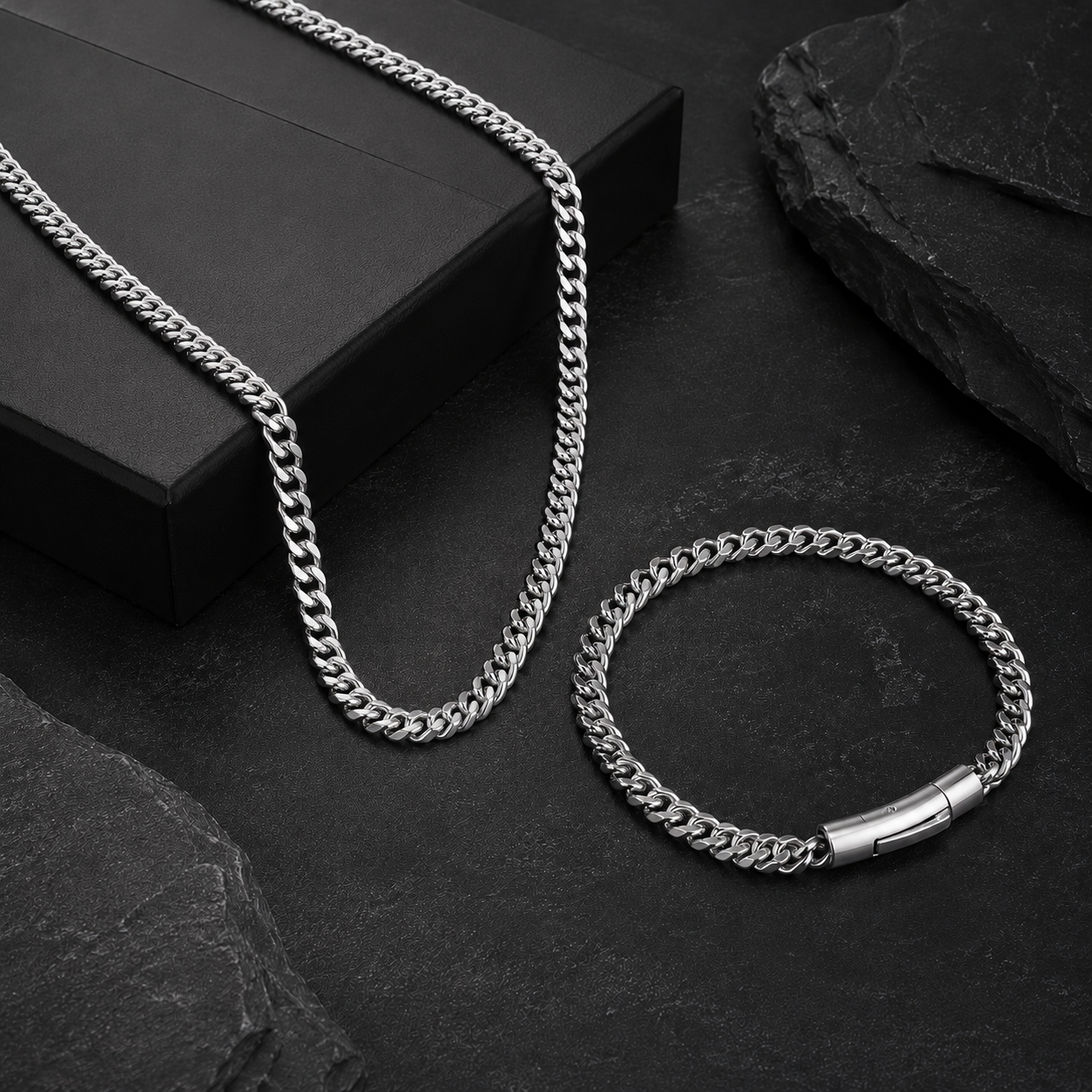 Men Silver Cuban Bracelet and Chain Combo
