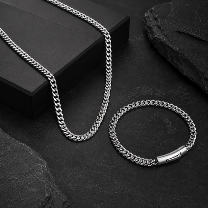 Men Silver Cuban Bracelet and Chain Combo