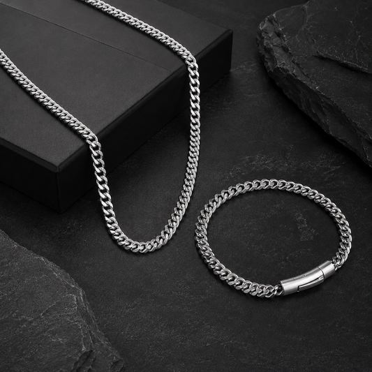 Men Silver Cuban Bracelet and Chain Combo