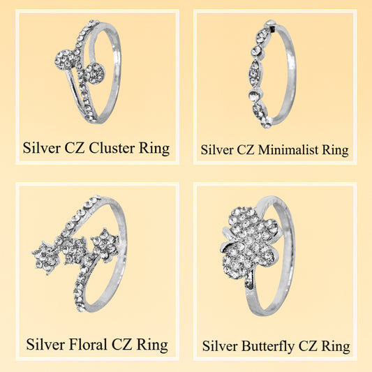 4-Piece Silver CZ Ring For Women Combo Set with silver plated rings for a premium look