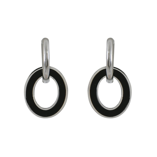 Silver Black Enamel Hoops