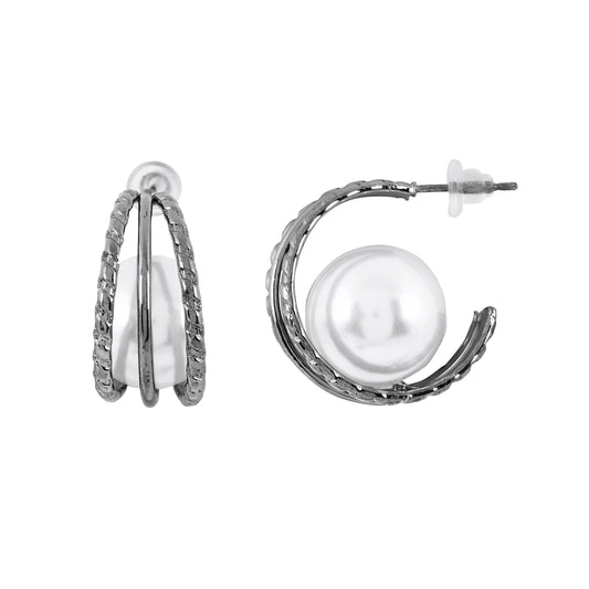 Gunmetal Pearl Hoop Earrings