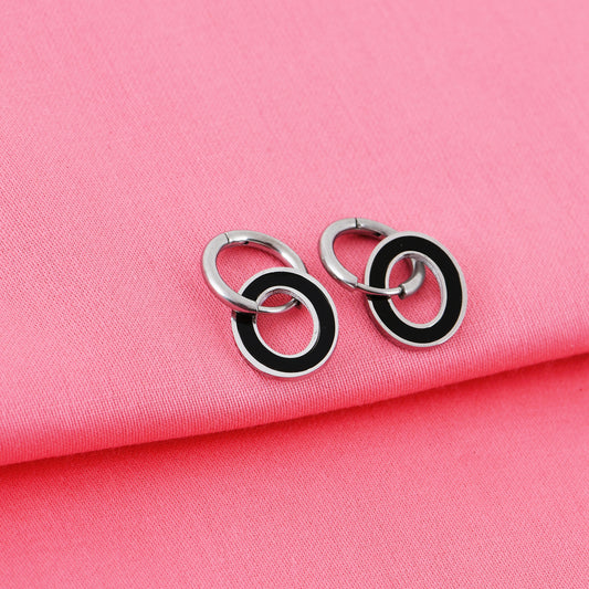 Silver Black Enamel Hoops