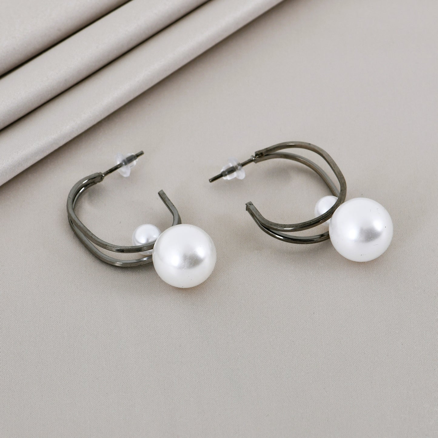 Gunmetal Minimal Pearl Hoops