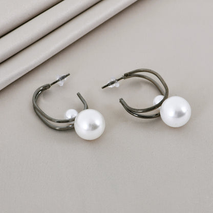 Gunmetal Minimal Pearl Hoops