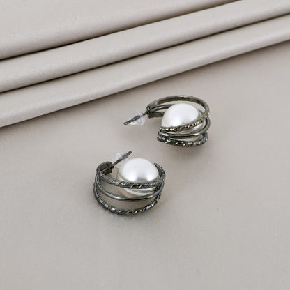 Gunmetal Pearl Hoop Earrings