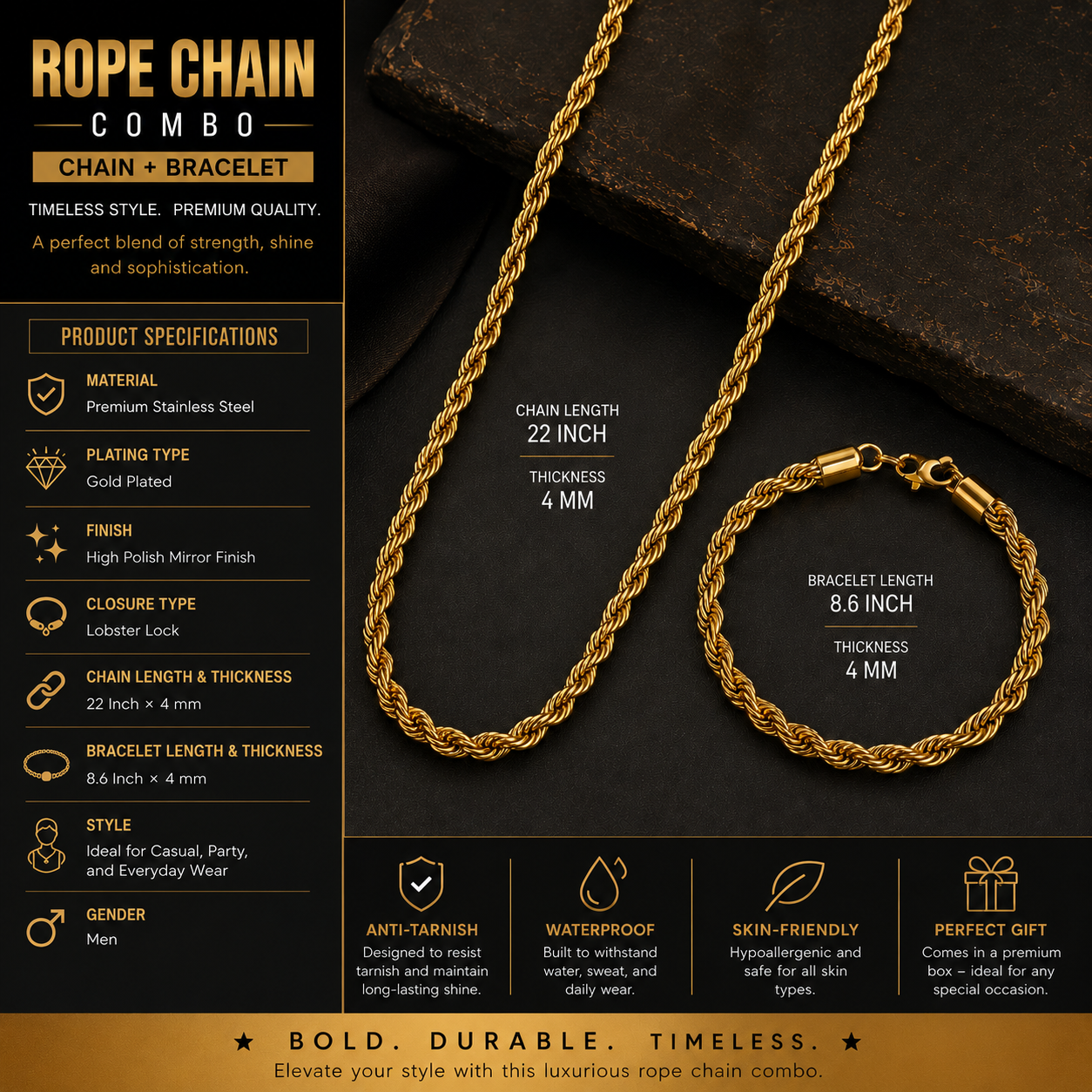 Men Rope Gold Bracelet and Chain Combo