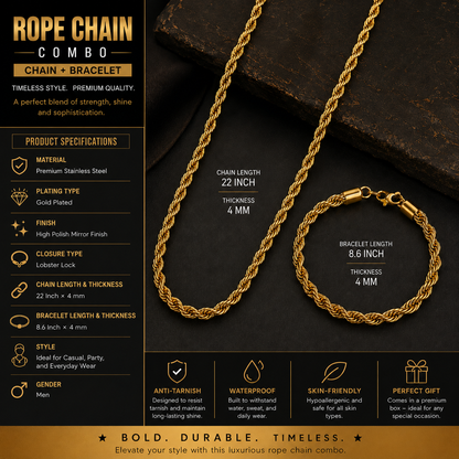Men Rope Gold Bracelet and Chain Combo