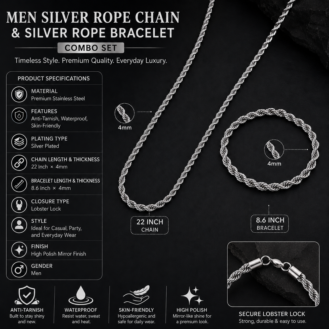 Men Rope Silver Bracelet and Chain Combo