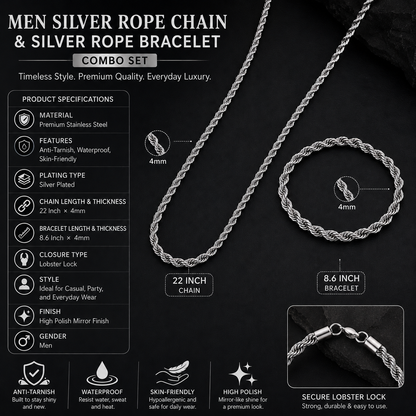 Men Rope Silver Bracelet and Chain Combo