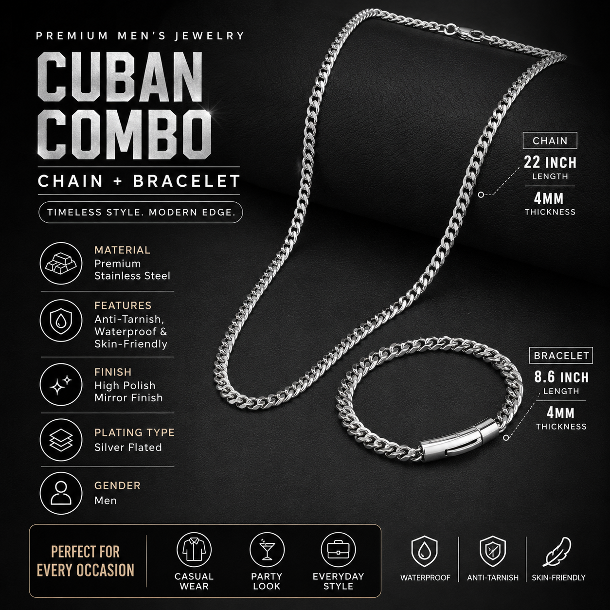 Men Silver Cuban Bracelet and Chain Combo