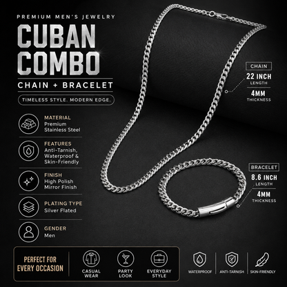 Men Silver Cuban Bracelet and Chain Combo