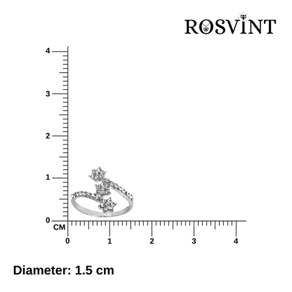 Silver ring with floral design on a white background with a ruler for scale, featuring the brand 'ROSVINT'.