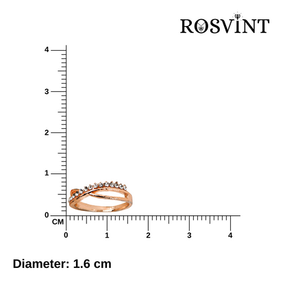 Rose gold ring with embedded stones on a white background with a ruler for size reference, featuring the brand 'ROSVINT'.