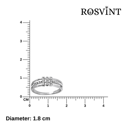 Silver ring with diamonds next to a ruler showing its diameter, branded as ROSVINT.