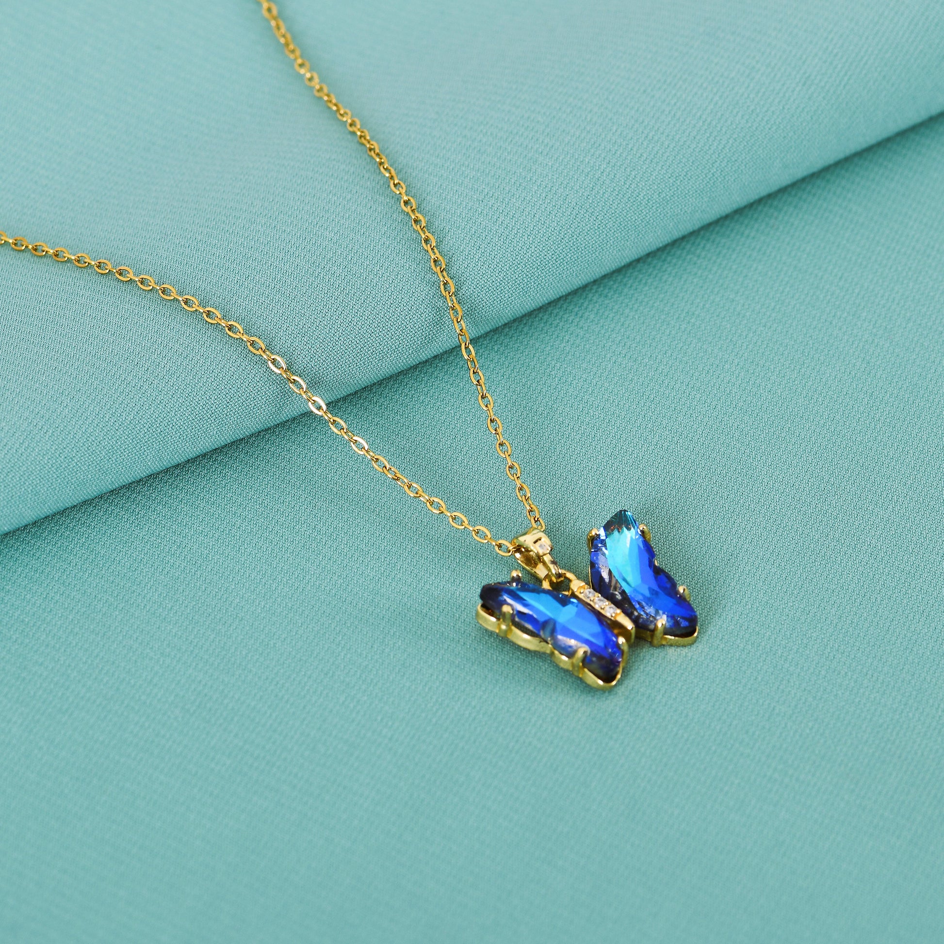 Blue Crystal Gold Butterfly Necklace for Women – gold butterfly necklace with a premium anti-tarnish finish