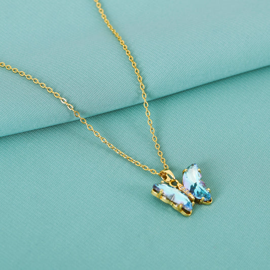 Gold Aqua Crystal Butterfly Pendant Necklace – elegant butterfly pendant necklace for casual and festive wear