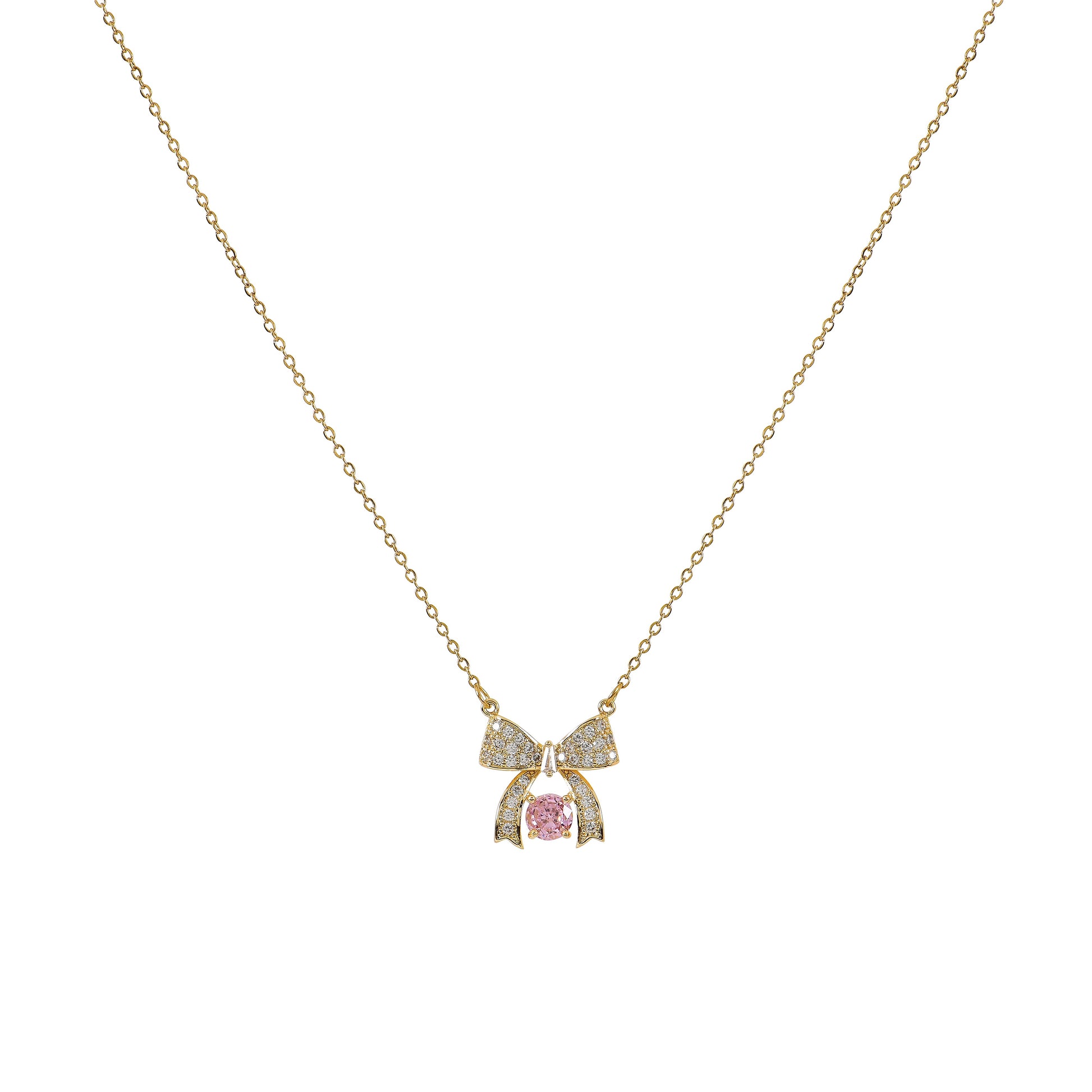 Gold Pink CZ Bow Necklace for Women – one of the best necklace styles for women, elegant and versatile for all occasions