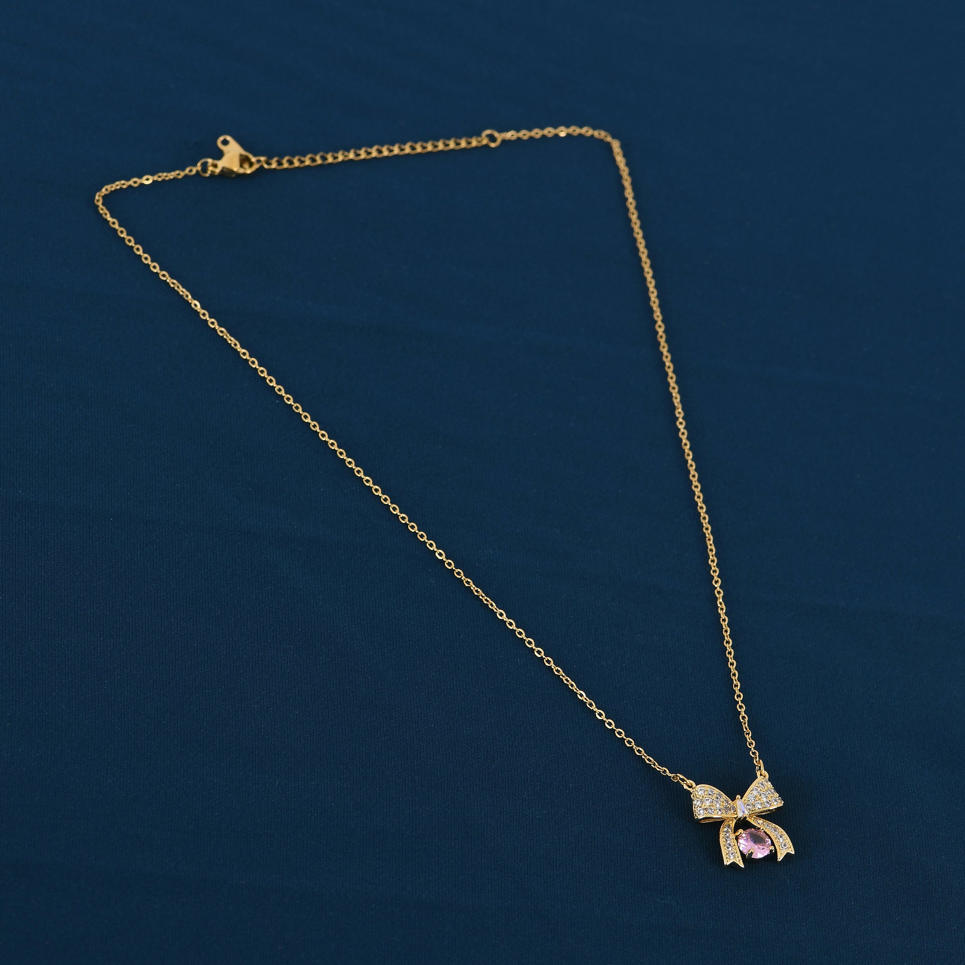 Gold Pink CZ Bow Necklace for Women – beautiful gold plated necklace with price value and anti-tarnish shine