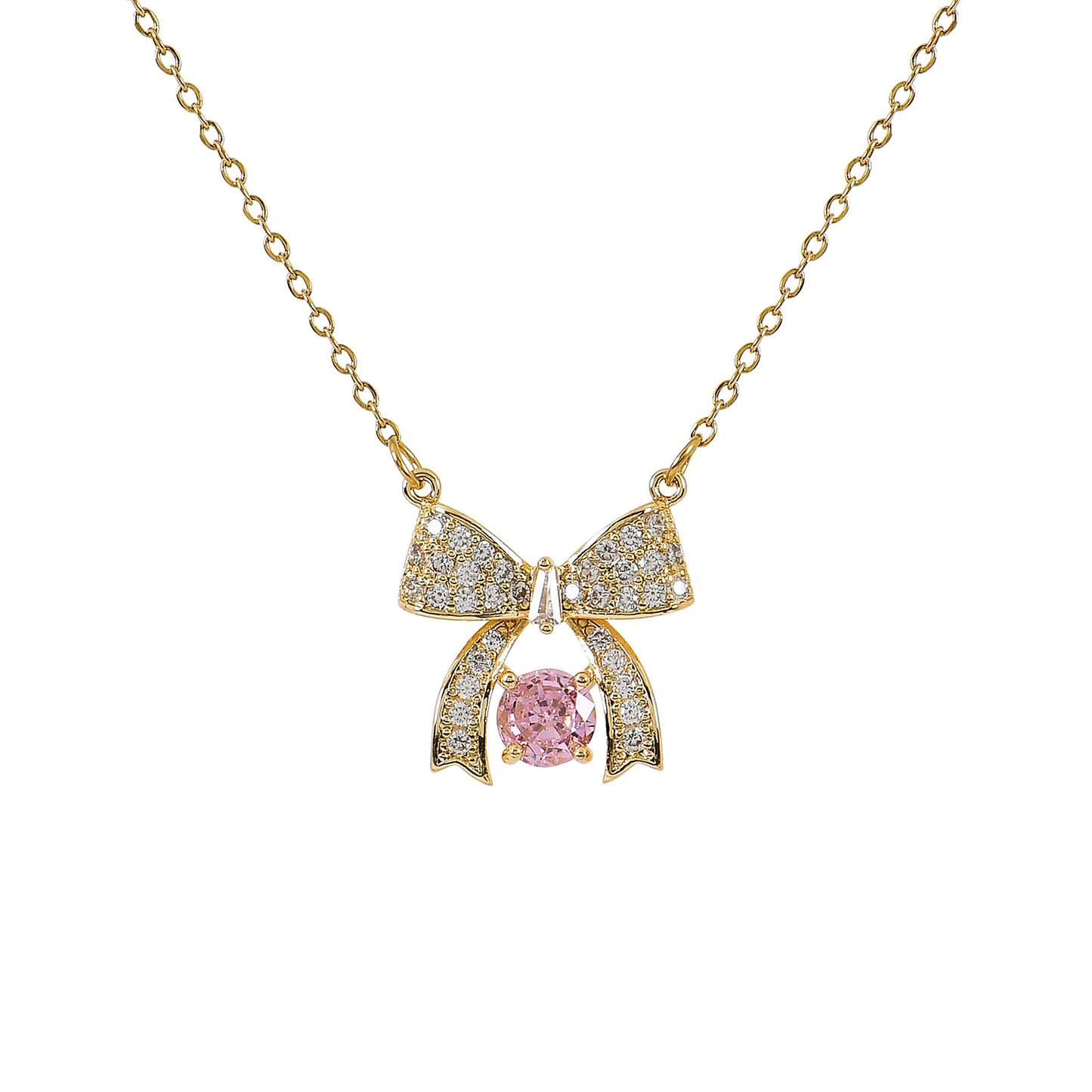 Gold Pink CZ Bow Necklace for Women – a cute and stylish design, perfect for fashion-forward necklaces for girls
